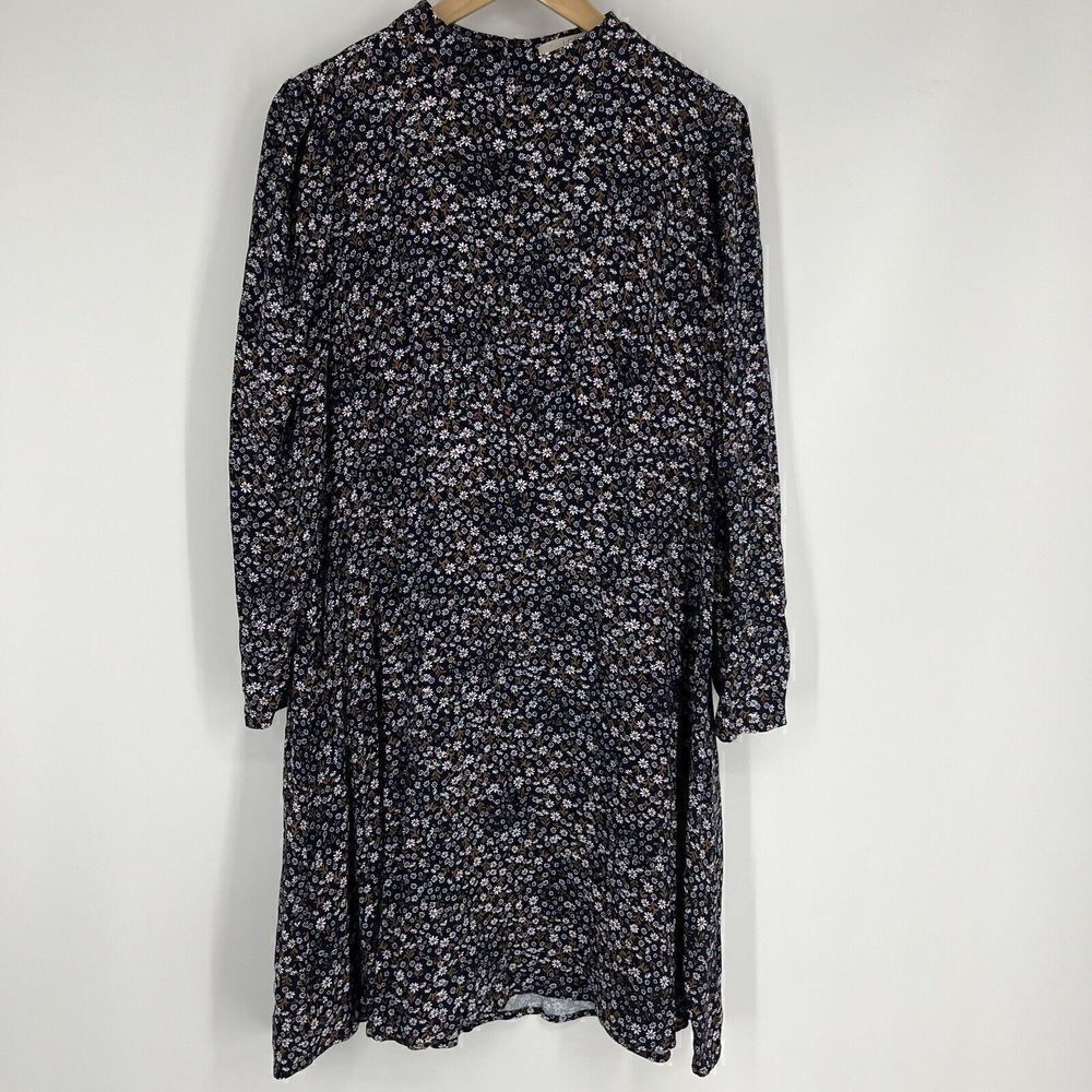Loft Plus Dress Size 14 Womens Navy Floral Print Mock Neck Flare Puff Sleeve